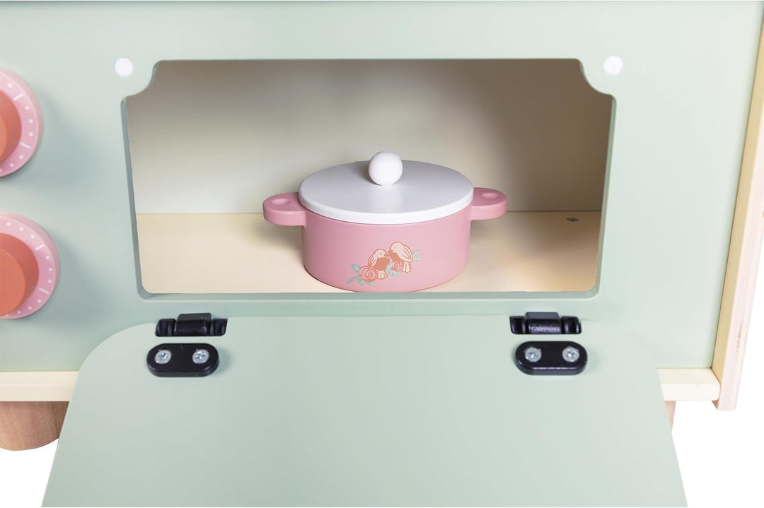 Janod - Holzküchenzeile für Kinder - Kleine Kinderküche - Ausgestattet mit Backofen, Spüle und 10 Zu