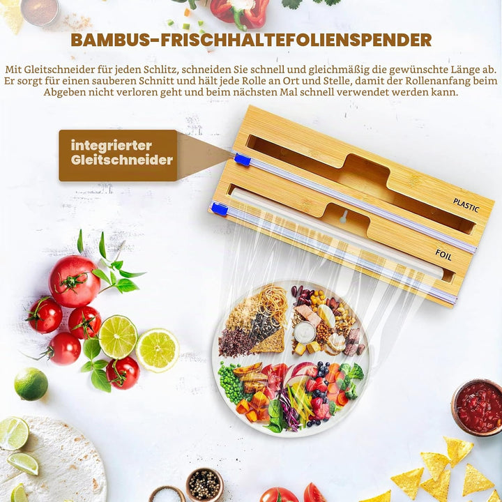 QINGLOU Folienschneider,2 in 1 Folienspender Mit Cutter, Bambus/Folienabroller,Frischhaltefolie, Wac