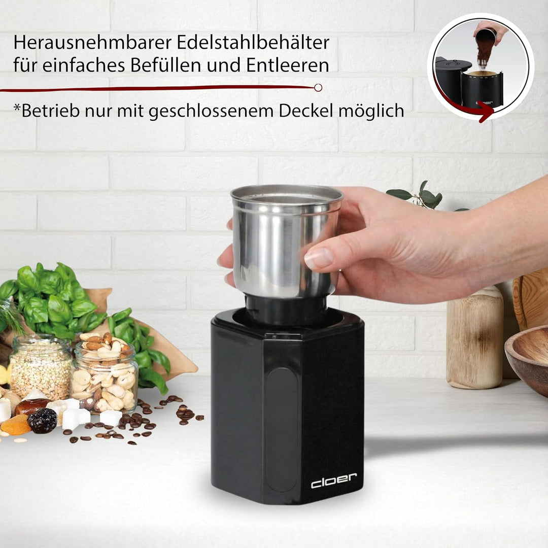 Cloer 7580 Elektrische Kaffee-und Gewürzmühle, 200 W, für Pesto, Nüsse und Getreide, bis zu 70 g Kaf
