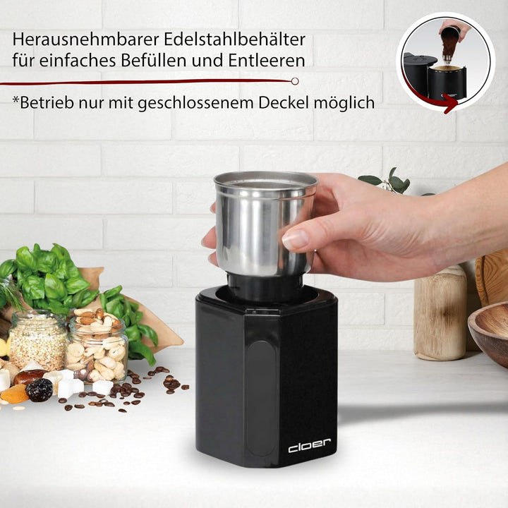Cloer 7580 Elektrische Kaffee-und Gewürzmühle, 200 W, für Pesto, Nüsse und Getreide, bis zu 70 g Kaf