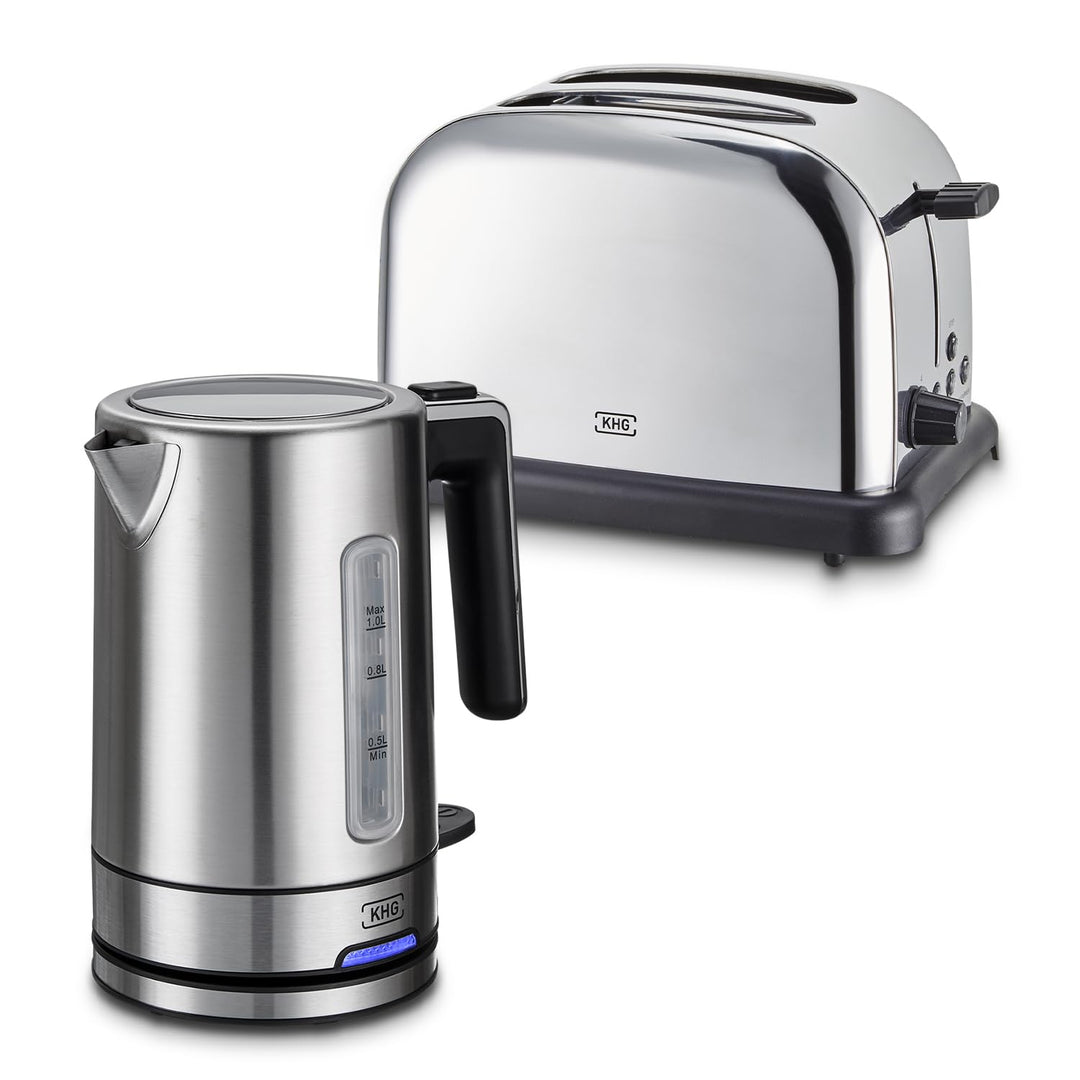 KHG Frühstücksset Wasserkocher & Toaster, Edelstahl Silber Chrom, Kapazität 1 Liter & 2 Scheiben, pr