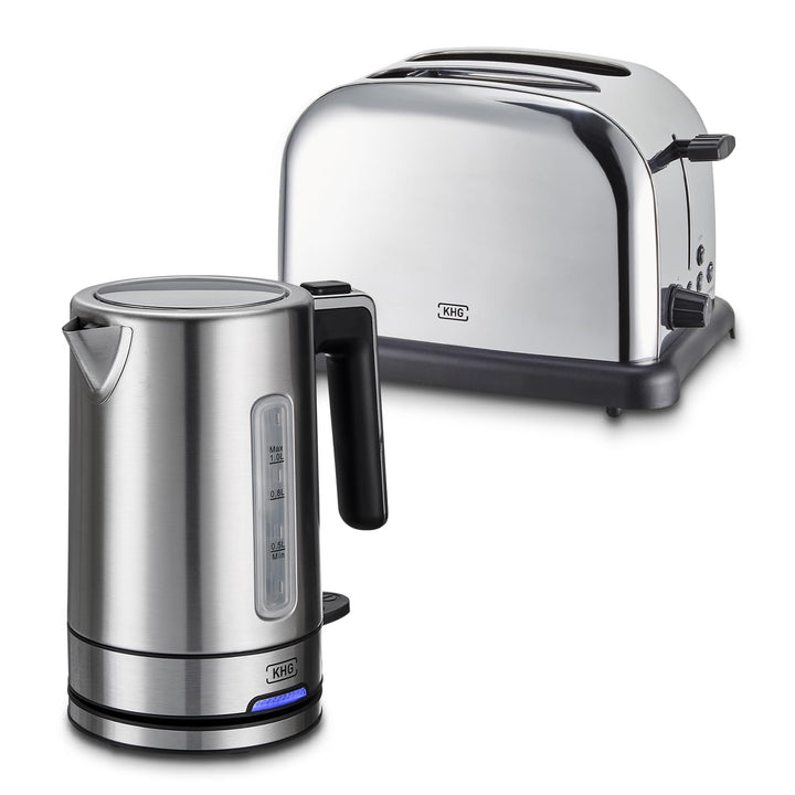 KHG Frühstücksset Wasserkocher & Toaster, Edelstahl Silber Chrom, Kapazität 1 Liter & 2 Scheiben, pr