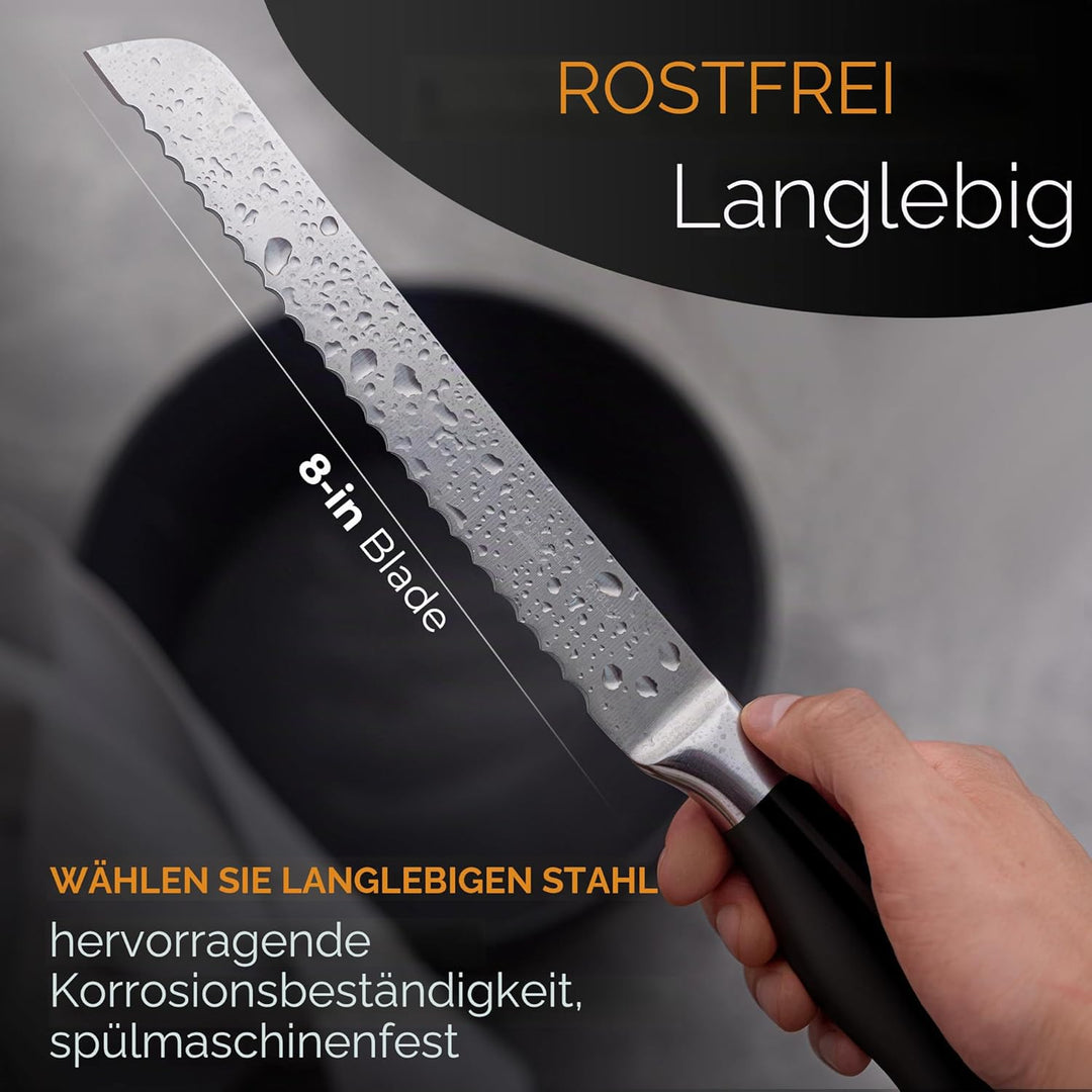 Orblue Brotmesser aus Edelstahl mit Wellenschliff – Ultrascharfes Profi Küchenmesser, Ideal für Brot