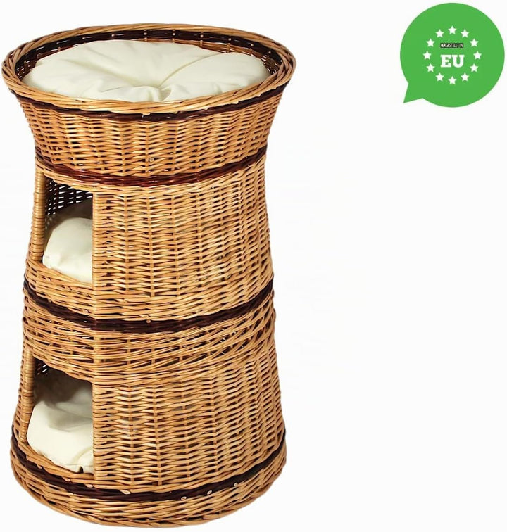 Katzenkorb zum Schlafen – Katzenhütte Indoor – Grösse: 50 cm rund – Katzenhöhle aus Weide – Dreistuf