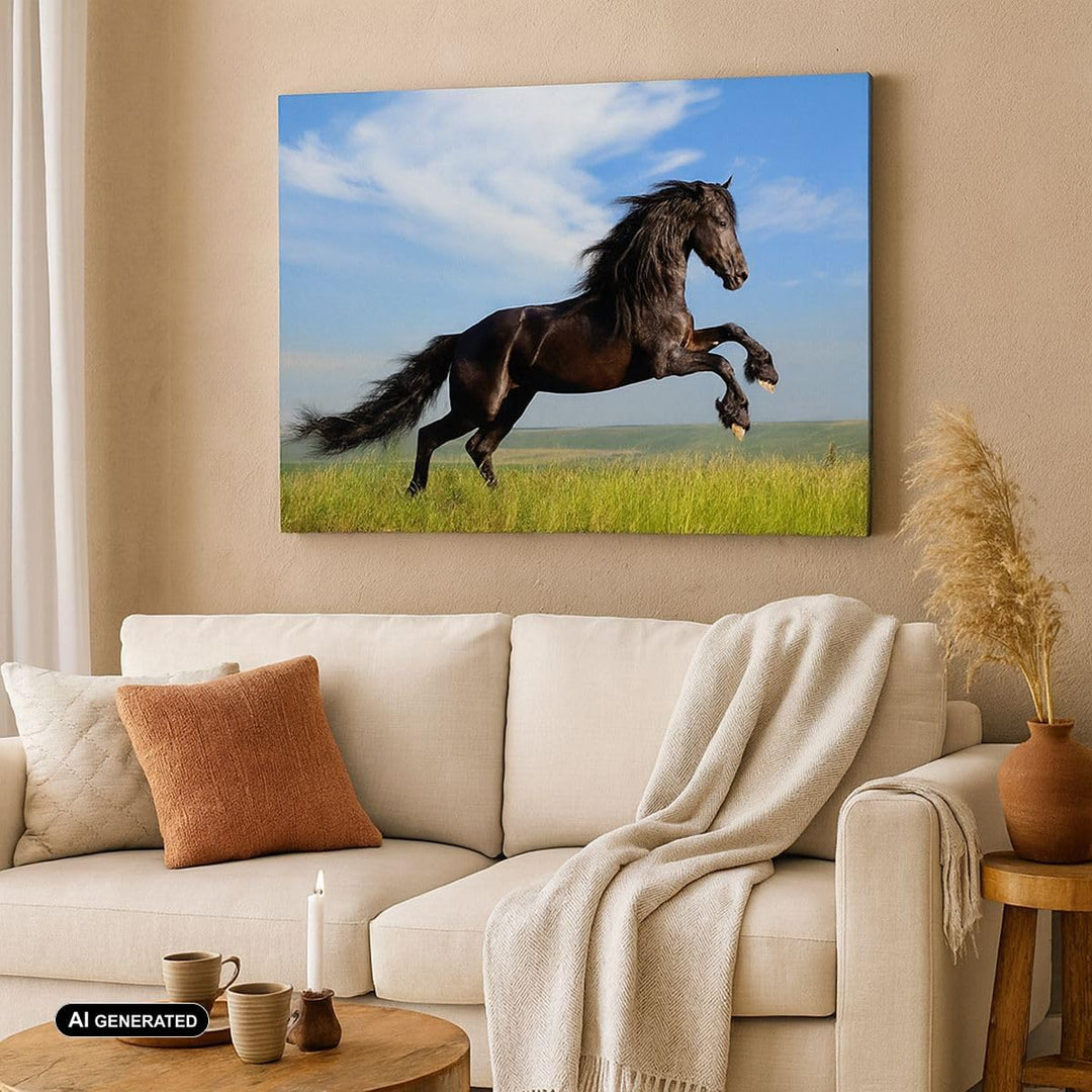 Bilder auf Leinwand Schwarzes Pferd Pferd Galopp Leinwandbild 70x50cm Wandbilder Dekoration Wohnzimm