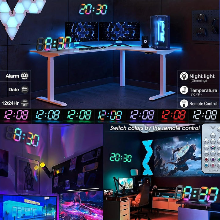 LED-Digitaluhr, Neonuhr, 24,6 cm, schwarz, Gaming-Uhr, RGB-LED-Wanduhr für Wohnzimmer, Schreibtischu