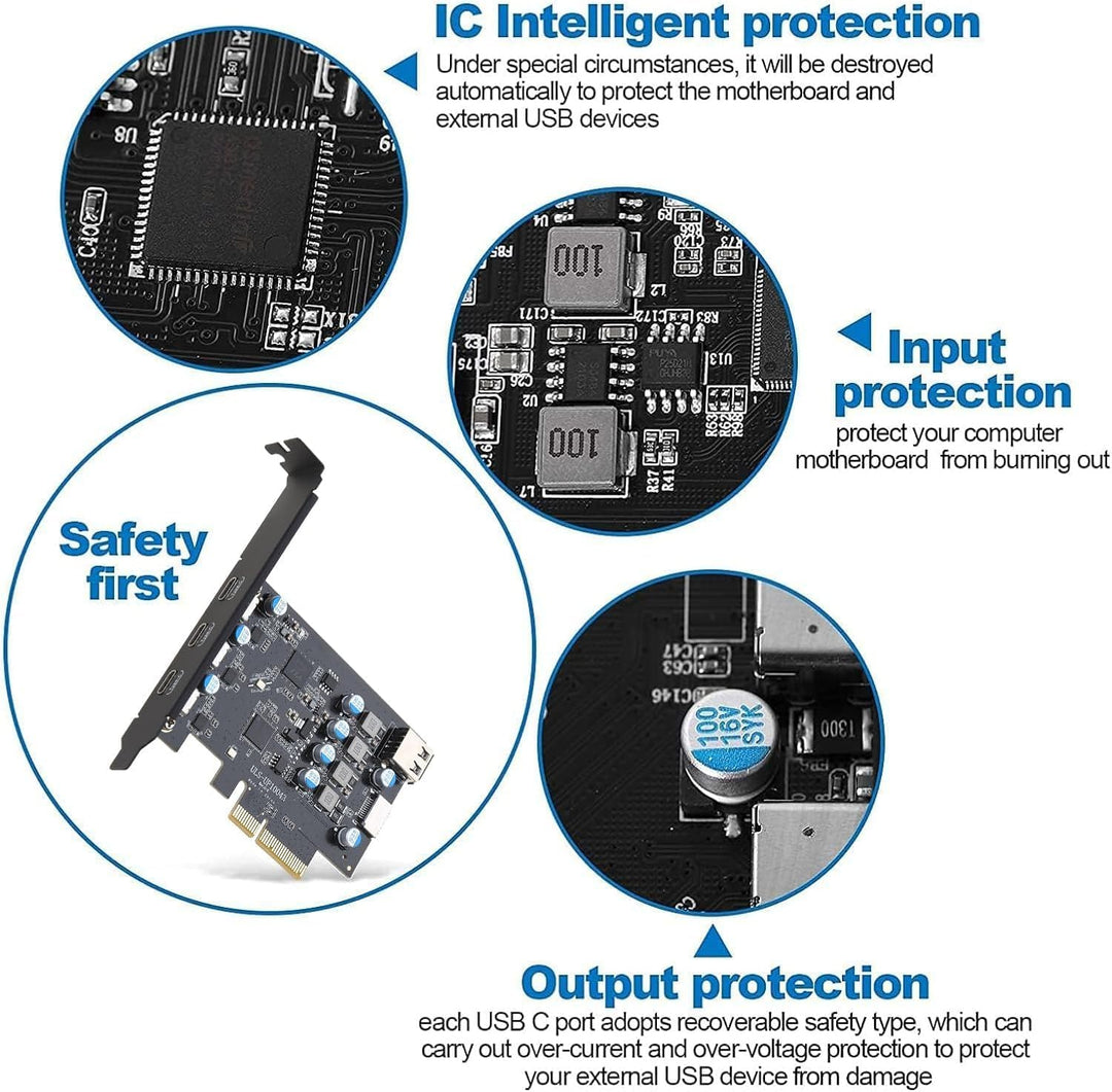 USB C PCIe-Erweiterungskarte 5 Anschlüsse, PCIe 4X to USB 3.2 gen2 10 Gpbs mit 3 USB C & 2 internen