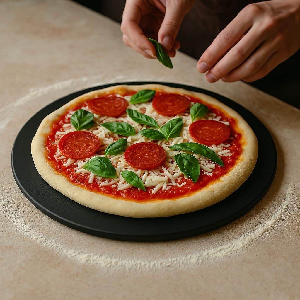 HeRo24 Pizzastein 33 cm aus Cordierit – schwarz glasiert – hitzebeständiger Backstein für Pizza, Fla