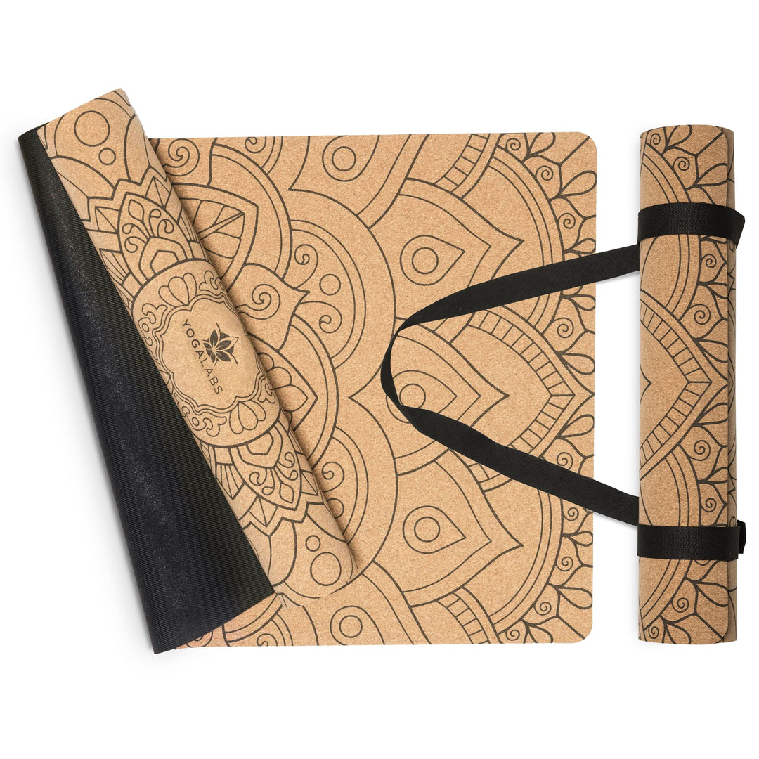 YOGALABS® - Premium 2-in-1 Yoga-Matte aus Kork & Naturkautschuk inkl. Tragegurt 183 x 61 x 0,4cm (gr