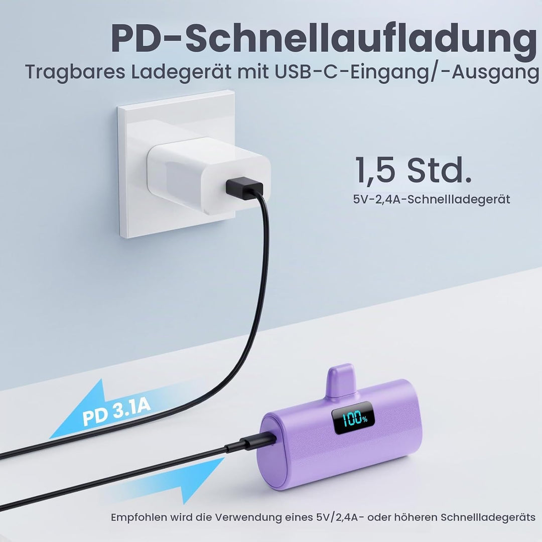 Mini Powerbank 5200mAh für iPhone, Klein Power Bank 20W PD 4.0A Schnellladefunktion Externer Akku, C