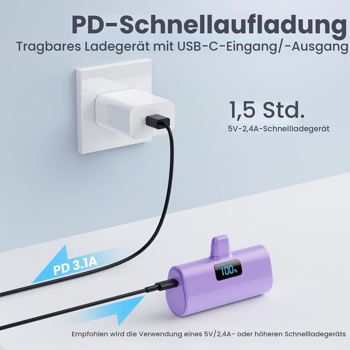 Mini Powerbank 5200mAh für iPhone, Klein Power Bank 20W PD 4.0A Schnellladefunktion Externer Akku, C