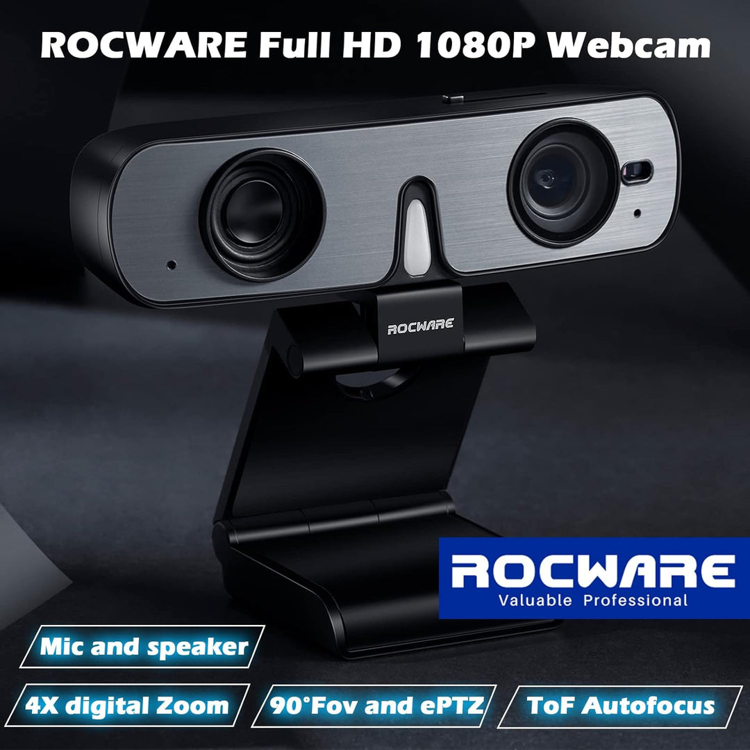ROCWARE RC08 Webcam, 2K HD Webcam mit Mikrofon und Lautsprecher, [5xschneller TOF Autofokus] USB-Web