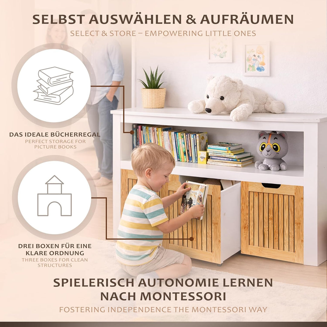ONVAYA Sideboard mit Rollboxen - Praktisches Kinder Bücherregal und Kuscheltier Aufbewahrung - Moder