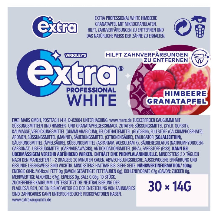 Extra Professional White Himbeere Granatapfel, Zuckerfreier Kaugummi, Multipack mit 30x10 Dragees, F