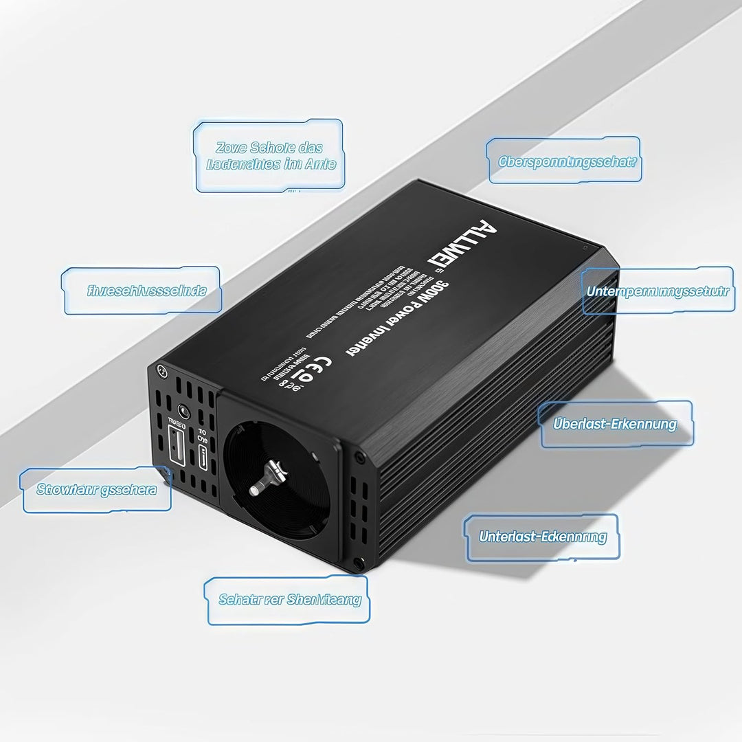 ALLWEI 300W Wechselrichter 12V auf 230V Spannungswandler, Stromwandler mit Typ-C & USB Anschluss, In