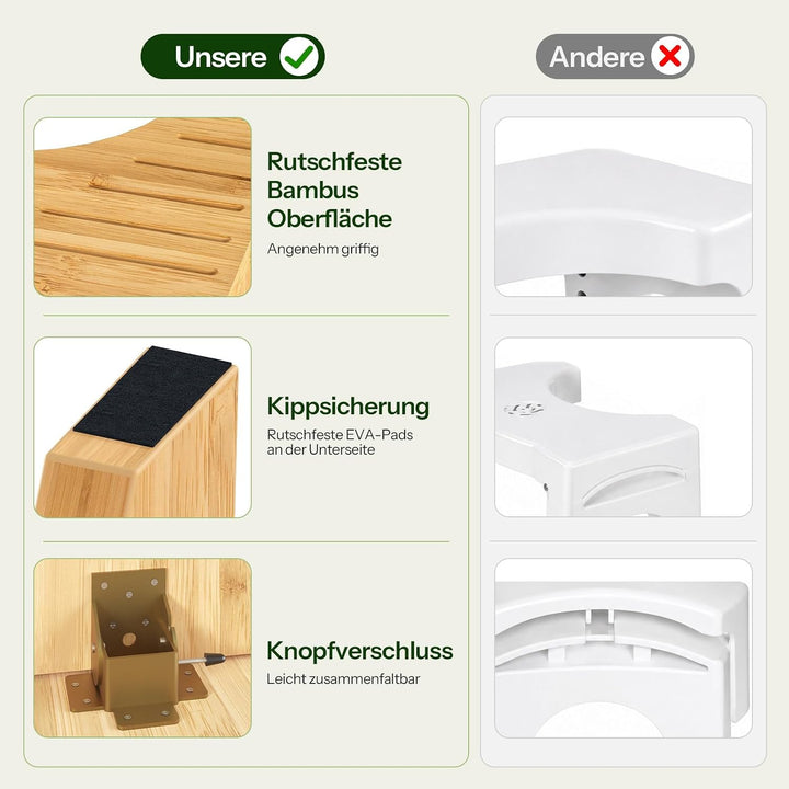 HOOBRO Klappbarer Toilettenhocker aus Bambus, montagefreier Klohocker mit Abflussrillen und Rutschfe
