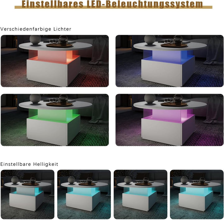 KEEPREAPER Couchtisch rund, Wohnzimmertisch mit 16-Farbiger LED Beleuchtung, für Wohnzimmer 80 x 80