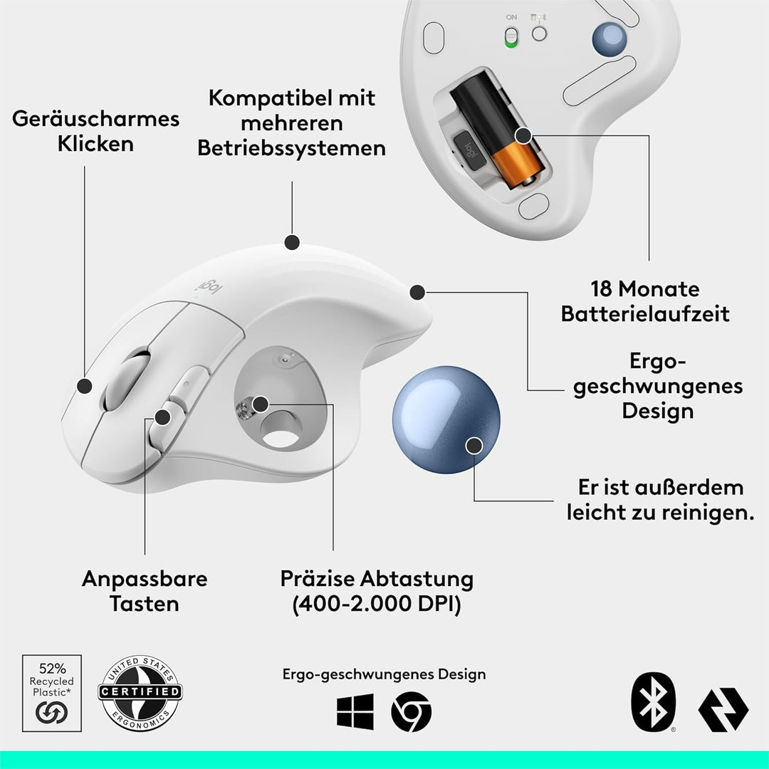 Logitech Ergo M575S kabellose Trackball-Maus, kabellose ergonomische Maus mit Bluetooth und verschlü