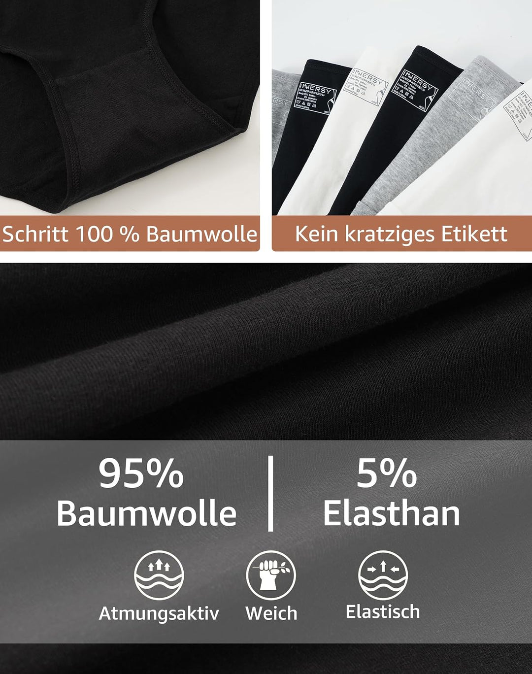 INNERSY Unterhosen Damen Baumwolle Atmungsaktive Hipster Unterwäsche Basic Bequem Panties 6er Pack L