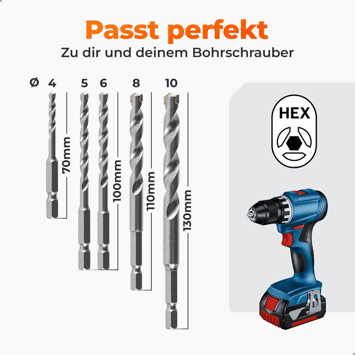Steinbohrer Set Sechskantschaft HEX [5tlg - 4-10 bis zu 130mm lang] - Langlebig und Robust aus 40CR