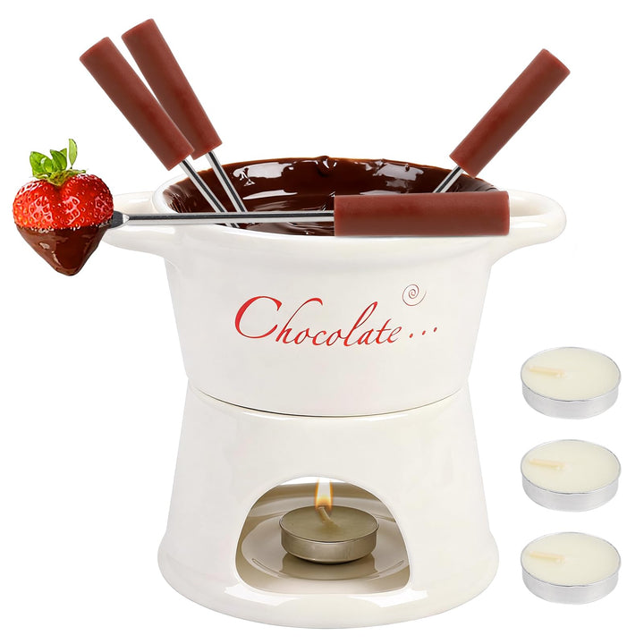 BigKing Schokoladen- und Käse-Tiegel, 300 ml, Schokoladenfondue aus Keramik mit 4 Gabeln und 4 Teeli