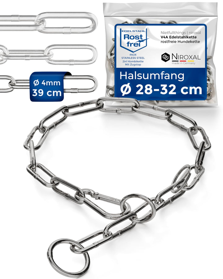 rostfreie Kombikette für Hunde - das ORIGINAL mit Zugstop - Edelstahl Hundekette Kettenhalsband lang