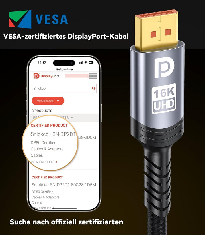 Sniokco 80Gbps DisplayPort Kabel 2.1 1.5M, VESA-Zertifiziert DP Kabel für 16K@60Hz 8K@240Hz 4K@540Hz