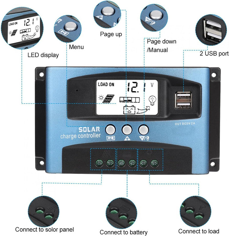 Universal MPPT 40/50/60/100A Solarladeregler Dual USB LCD Display 12V 24V(100A), 100A