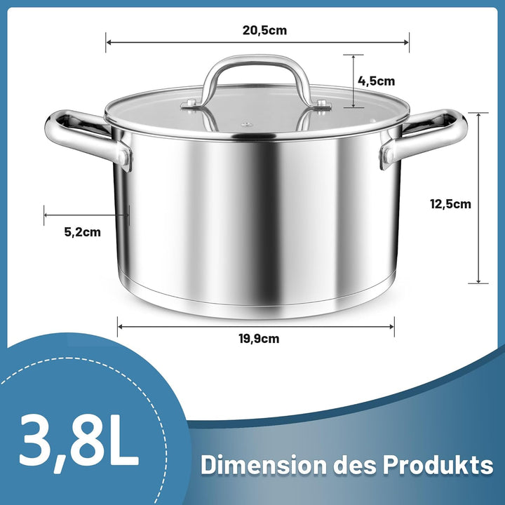 TEAMFAR Kochtopf, 20cm Edeastahl Topf Nudeltopf Induktion mit 3-Lagen Boden für alle Herdarten, 3,8L