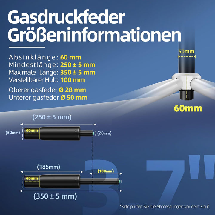Mastery Mart 178mm-279mm Gasdruckfeder für Bürostuhl, Gasfeder mit 100mm einstellbarem Hub, bis 450k