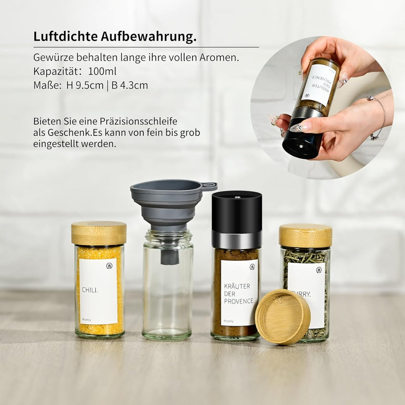 Miorkly 12 Gewürzgläser Rund mit Streueinsatz - 120ml Gewürzdosen Hochwertigem Holzdeckel aus Bambus
