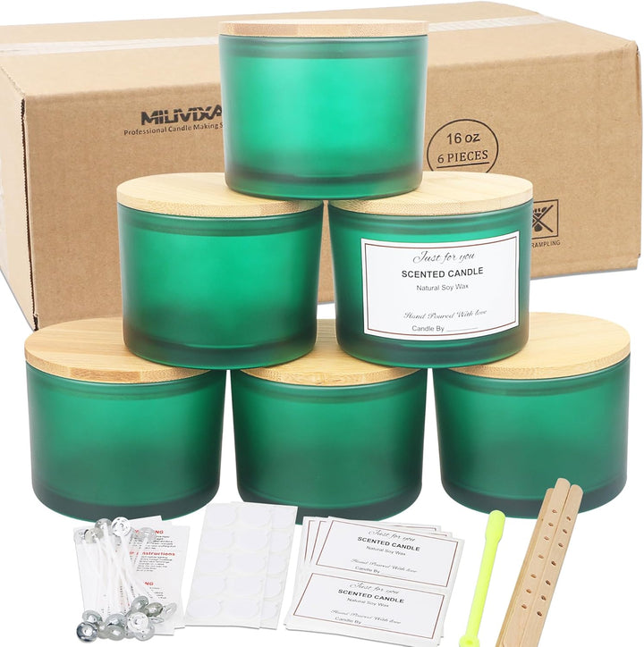 MILIVIXAY 6 x 473 ml Kerzengläser mit Bambusdeckel und Kerzenherstellungs-Kits – 3 Docht-Kerzenglas,