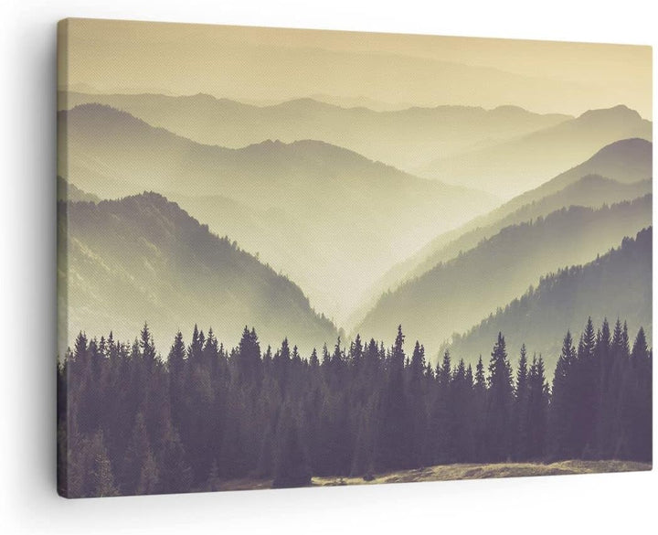 Bilder auf Leinwand Berge Wald Natur Leinwandbild mit Rahmen 70x50cm Wandbilder Dekoration Wohnzimme