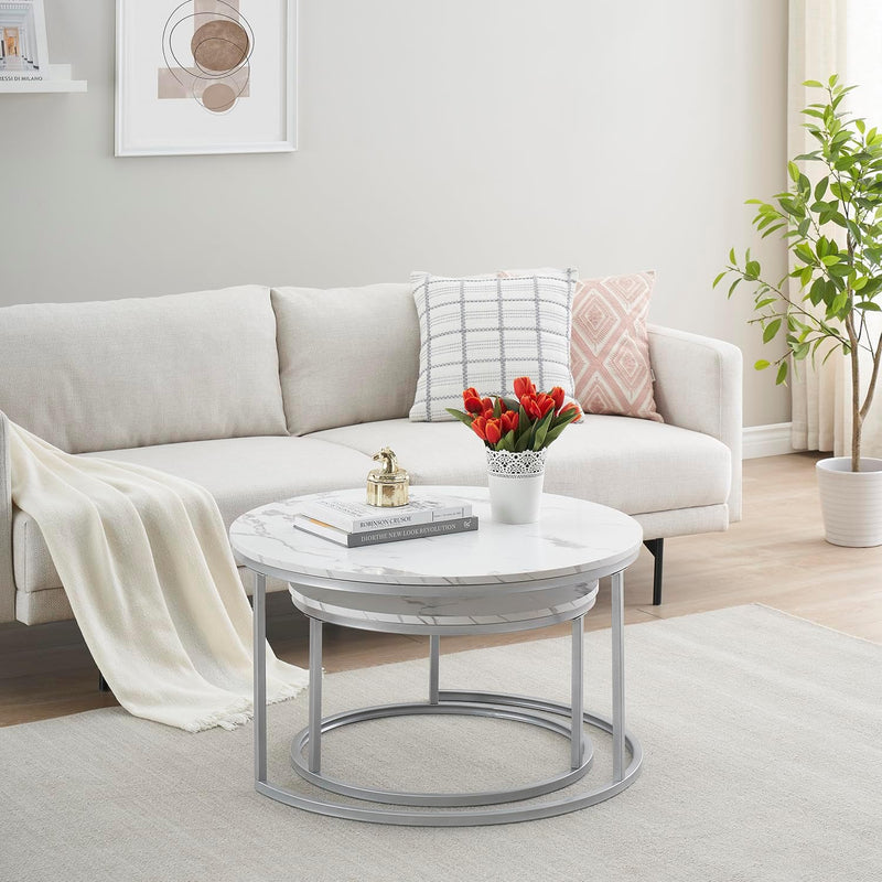 hitsuki Couchtisch, Marmor Couchtisch Silber, Couchtisch Rund 2er Set, Wohnzimmertisch weiss aus Met