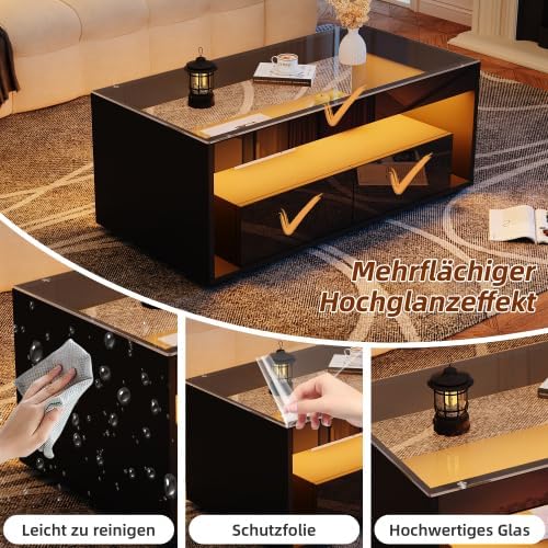 Merax LED Couchtisch – Moderner Wohnzimmertisch mit 16 Farben & 4 Modi, Hochglanz Design, Stauraum,