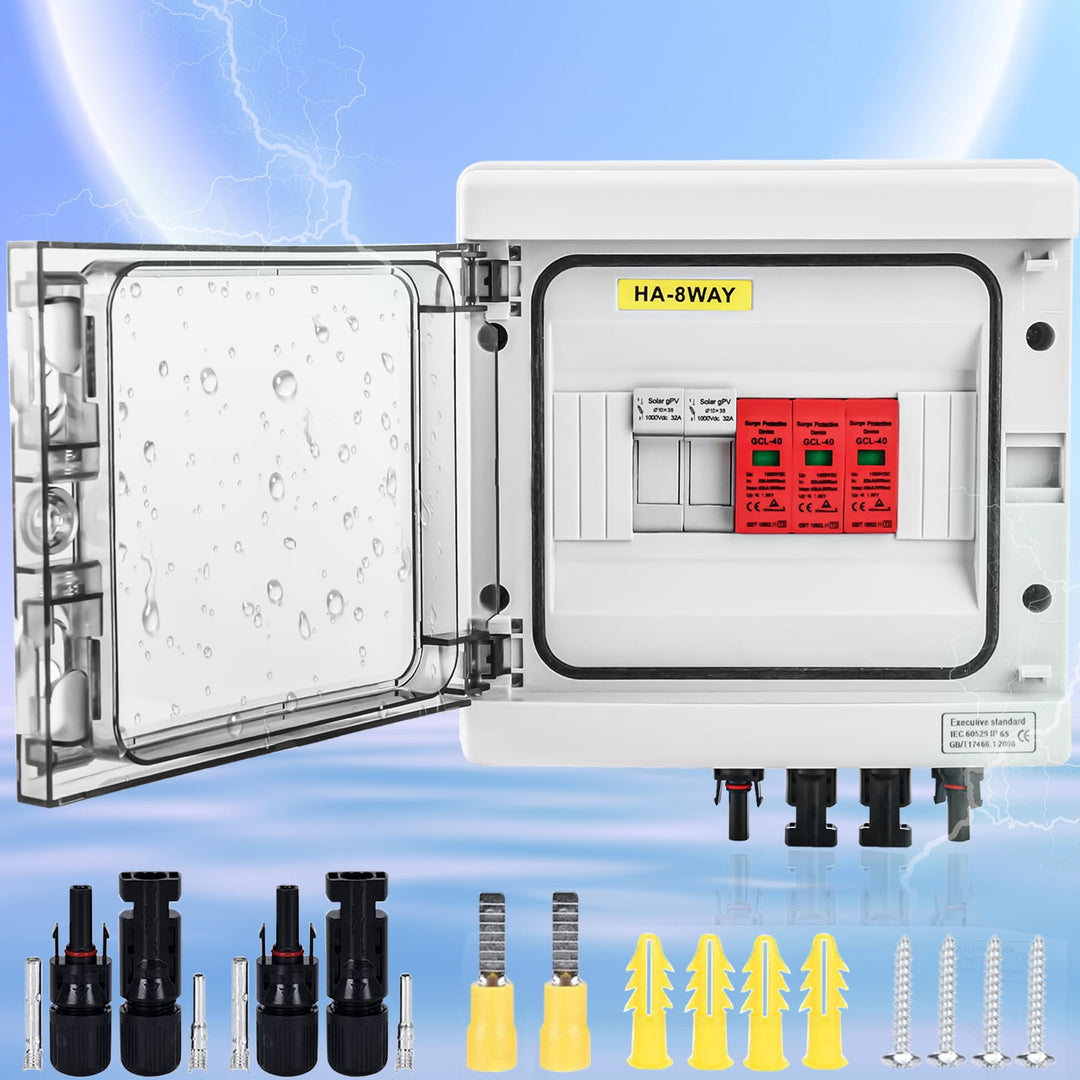 Warmfay Überspannungsschutz PV Solar Blitzschutz 1000V DC 32A T2, PV Anschlusskasten 1 String 6 Modu