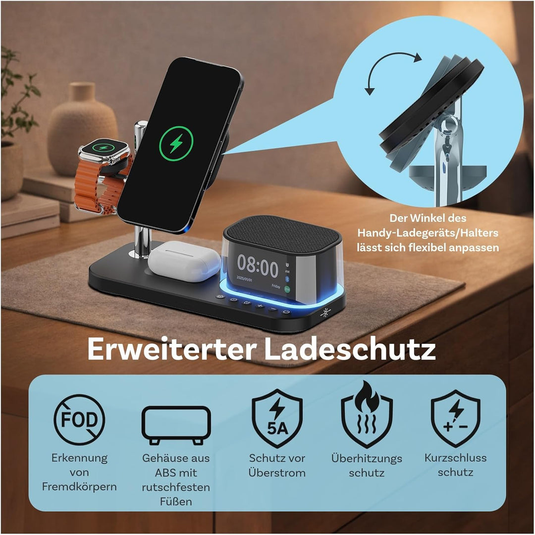 Kabellose Ladestation 5-in-1 mit Wecker, Bluetooth-Lautsprecher & LED-Nachtlicht für MagSafe von MMO