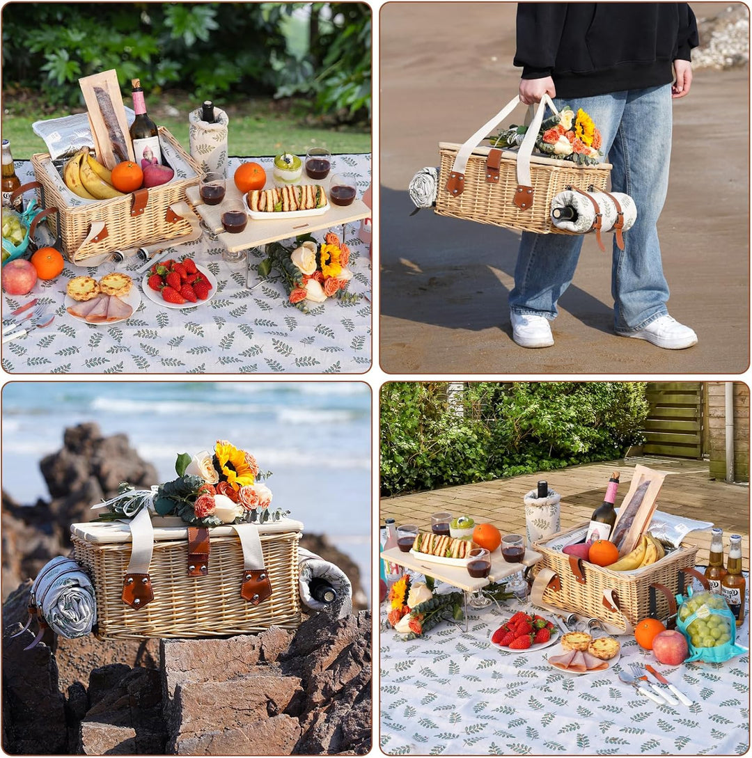 Picknickkorb-Set mit Mini-Klapptisch und Besteck-Set, Picknickkorb für 4 Personen mit kühltaschen, F