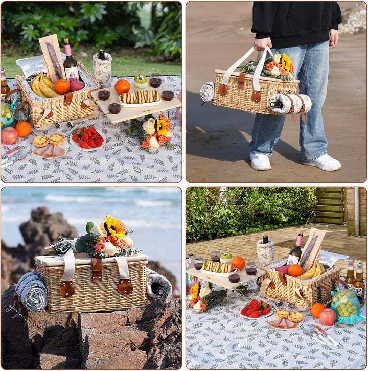 Picknickkorb-Set mit Mini-Klapptisch und Besteck-Set, Picknickkorb für 4 Personen mit kühltaschen, F