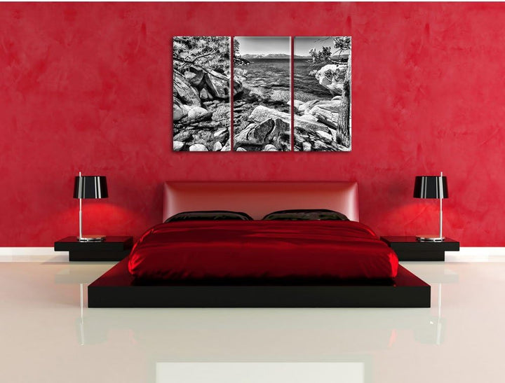 Pixxprint Steinbucht im Mittelmeer / 3-Teilig/Gesamtmass 120cm Leinwandbild bespannt auf Holzrahmen/