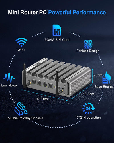 Lüfterloser N100 Firewall Mini PC 2.5Gbe 4 Lan Port, Micro Appliance Router PC, i225 NICs, Alder Lak