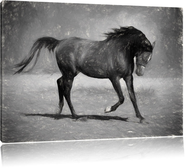 Edler schwarzer Hengst schwarz weiss Deluxe Format: 100x70 cm auf Leinwand, XXL riesige Bilder ferti