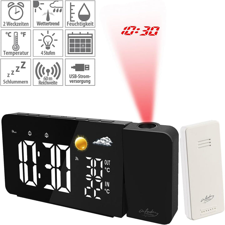 infactory Uhr Projektor: Funk-Wetterstation mit Projektionswecker, Aussensensor, USB, schwarz (Duala