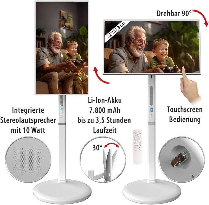 auvisio Mobiler Fernseher: Mobiler Smart-Touch-Bildschirm, 32", Android 13, Akku, Fernb., USB-C (Fer