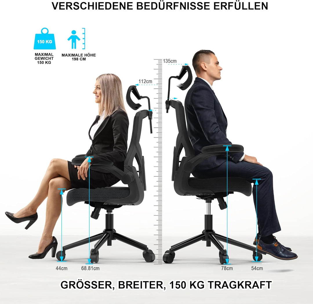 CYKOV Bürostuhl Ergonomisch, PC Stuhl mit Verstellbarer Kopfstütze & Klappbaren Armlehnen, Schreibti