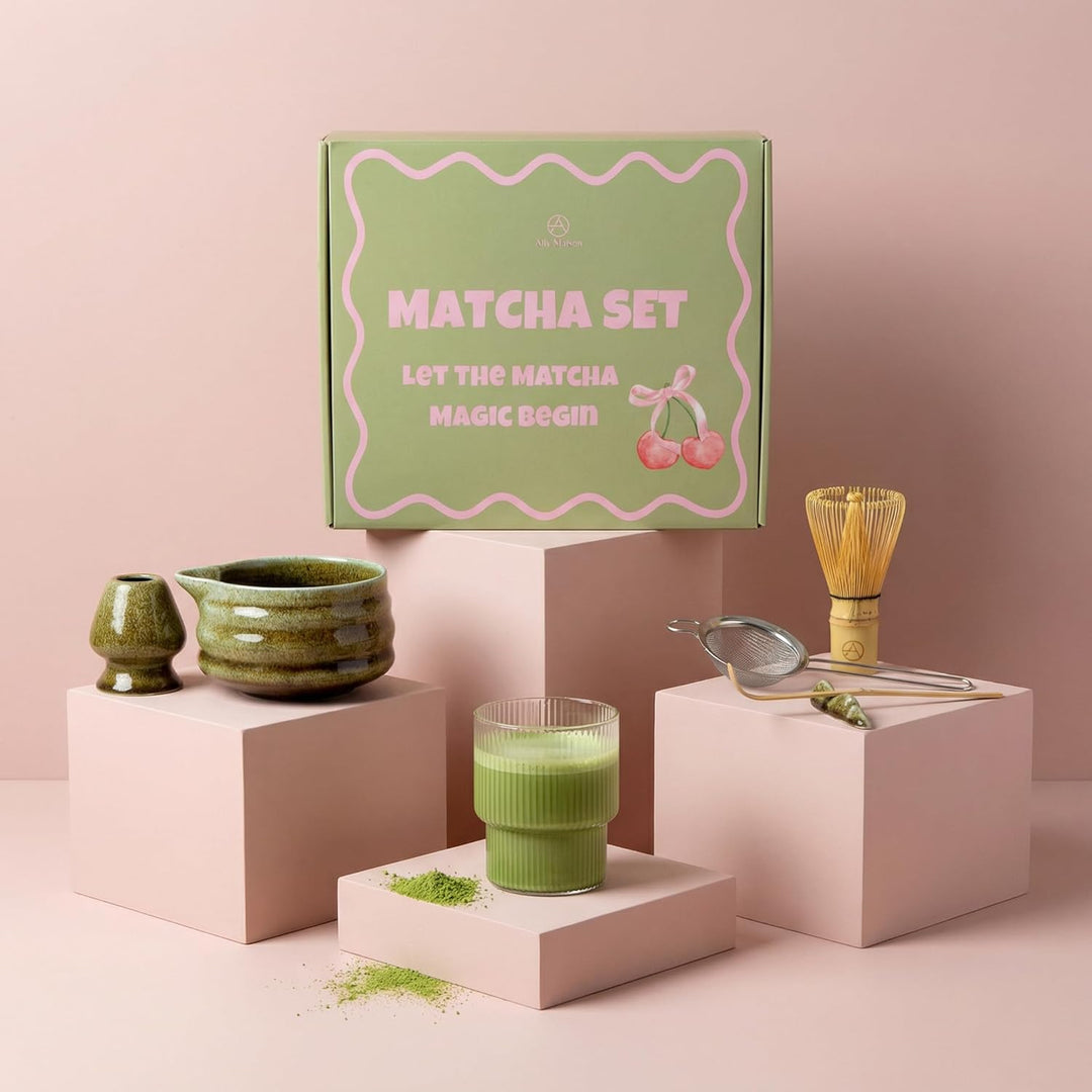 Design Matcha Set 5-teilig in grün – Hochwertige Keramikschale mit Bambusbesen (Chasen) – Stilvolles