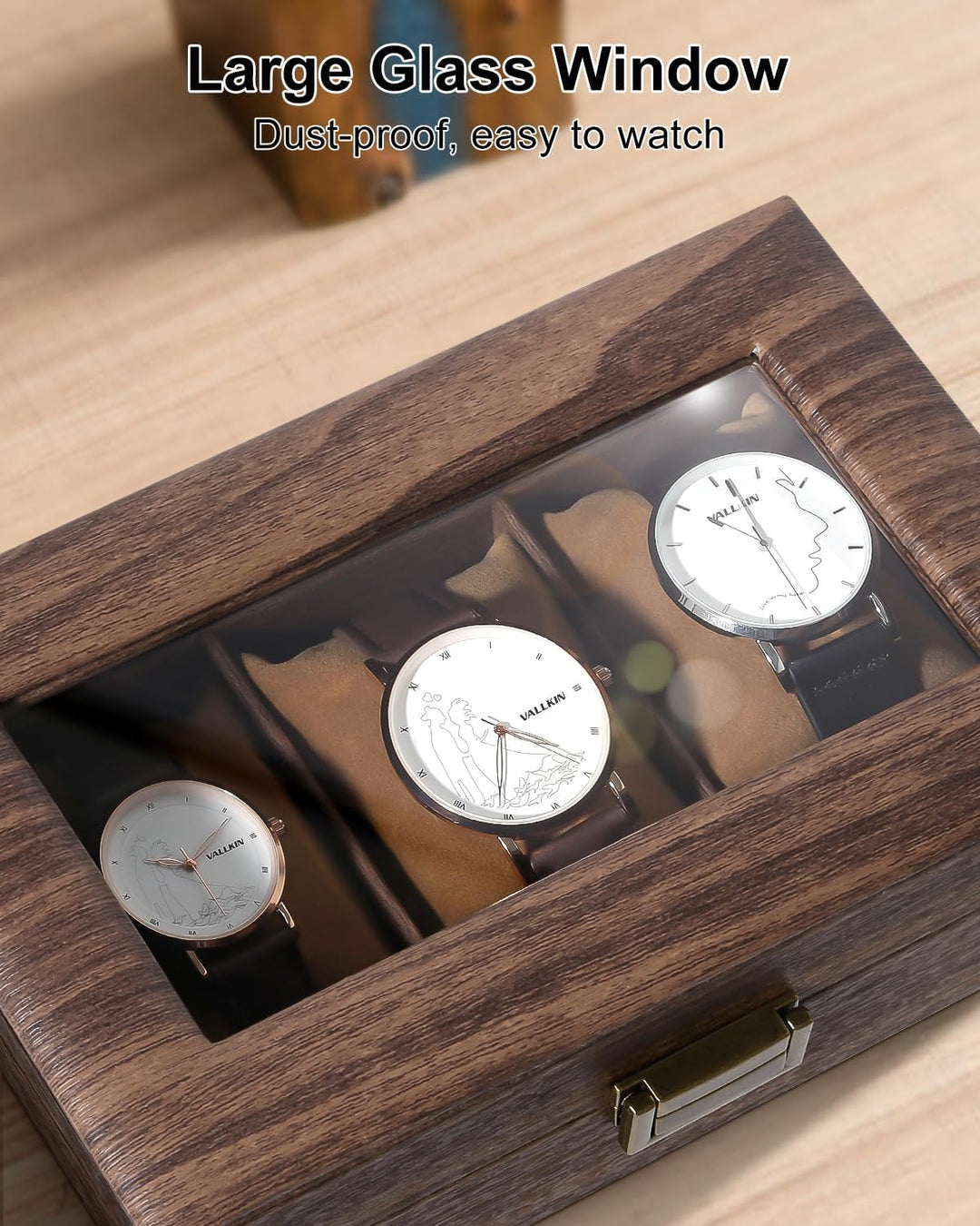 Uten Uhrenbox mit 3 Fächern, Uhrenbox mit Glasabdeckung, Uhrendisplay Aufbewahrungsbox für Damen und