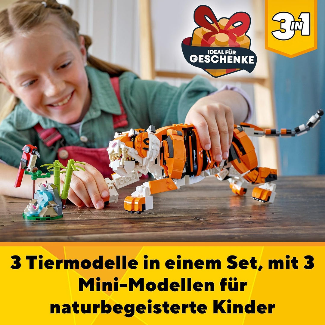LEGO 31129 Creator Majestätischer Tiger, Panda oder Fisch, 3-in-1 Tierfiguren-Set, Spielzeug für Kin