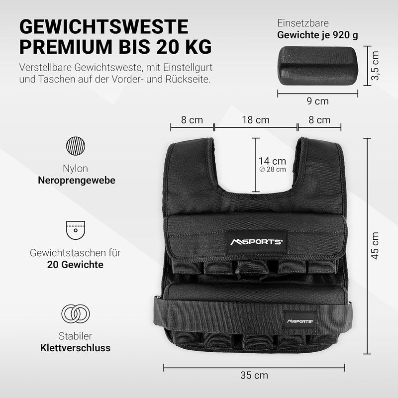 MSPORTS Gewichtsweste Premium Verstellbar von 5 kg - 30 kg Gewicht für Training Krafttraining 15 kg