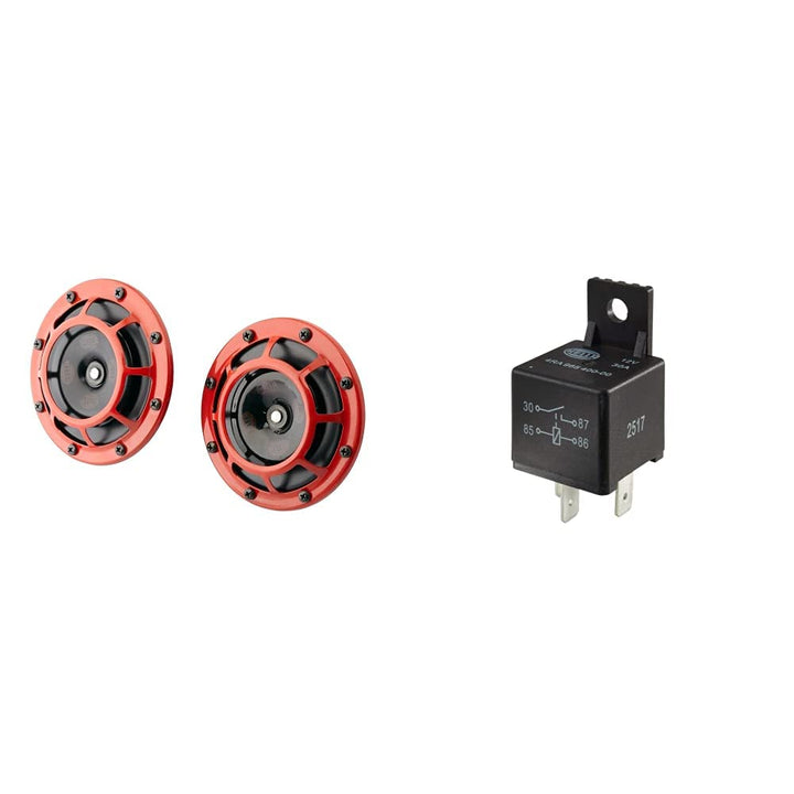 HELLA 3AG 003 399-801 Horn - B133-12V - Frequenzbereich: 300/500Hz - Starkton rot/schwarz - Flachste